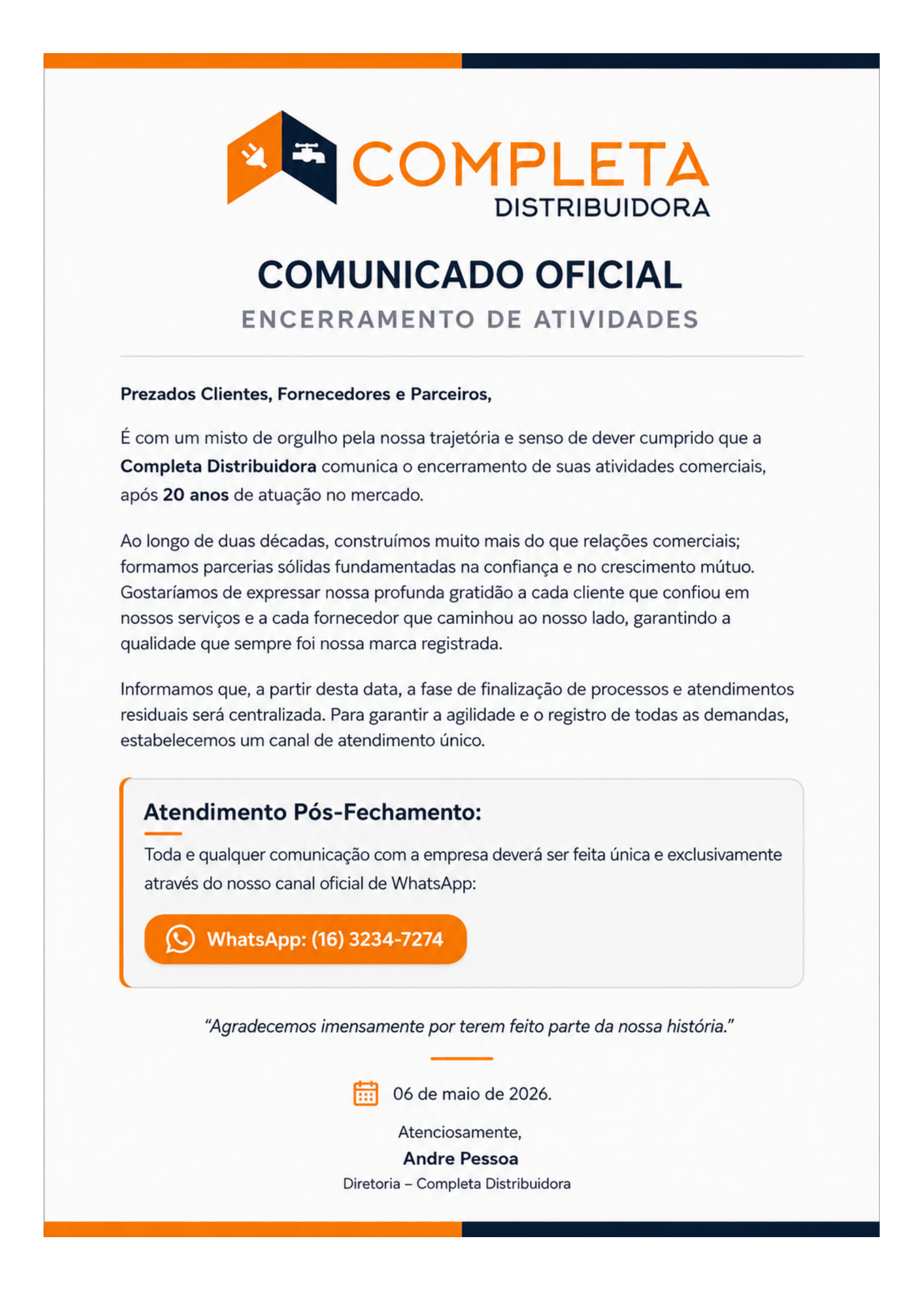 Comunicado Oficial Completa Distribuidora